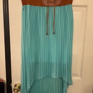 Magic Aqua Pleated High-Low Skirt with Brown Lace Waistband